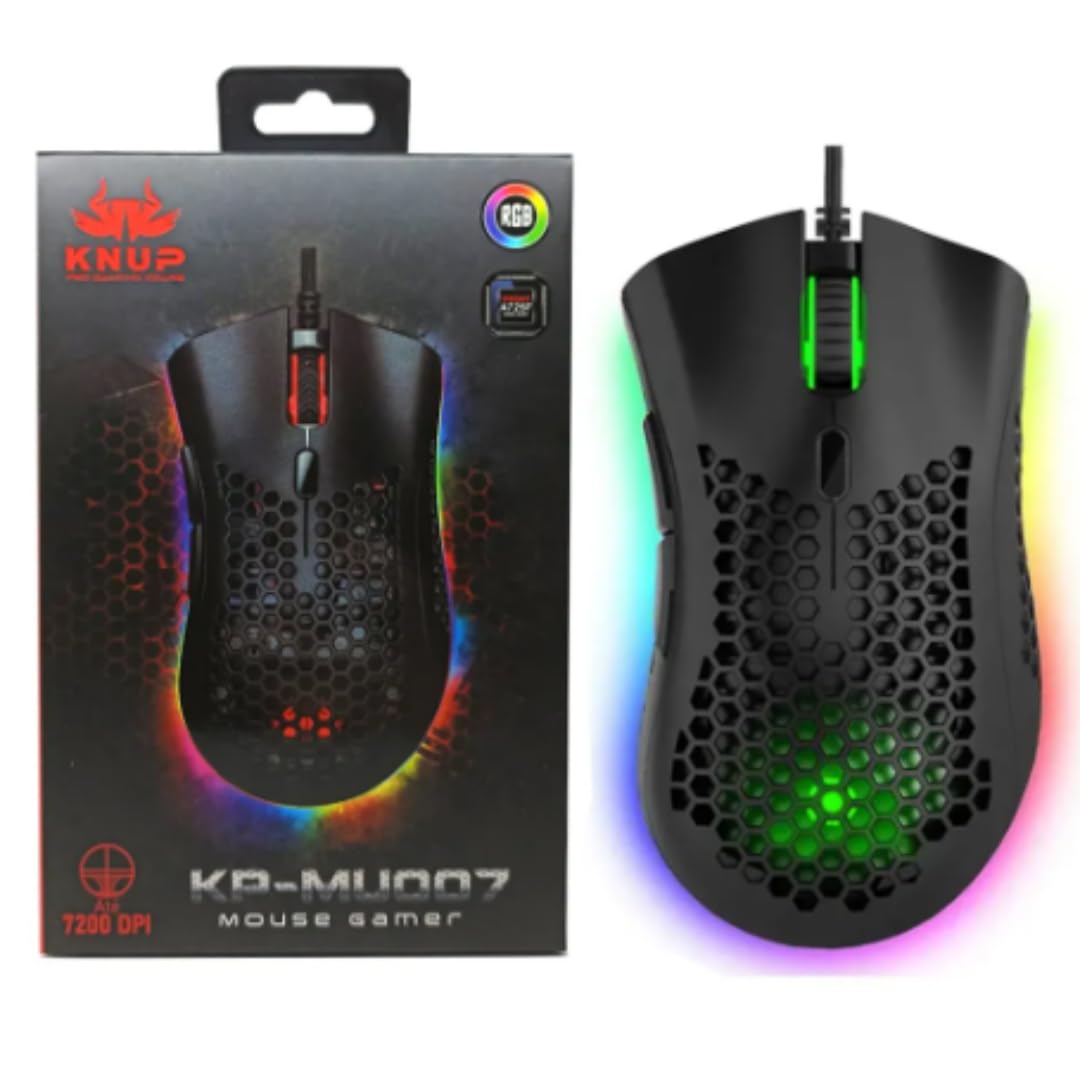 Mouse Gamer Knup Plug and Play 7 Botões Macro até 7200 DPI RGB KP