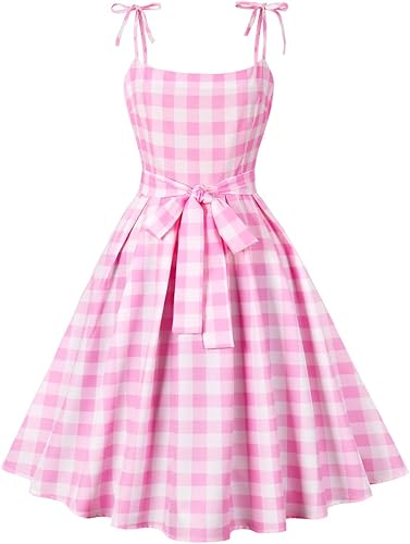 Vestidos de los años 50 para mujer, vestido de cuadros rosa vintage sin mangas, vestidos Rockabilly a cuadros de los años 50