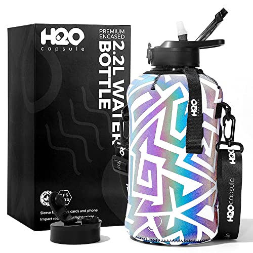 H2O Capsule 2.2L Half Gallon Water Bottle with Storage Sleeve and Covered Straw Lid â€“ BPA Free Large Reusable Drink Container with Handle - Big Sports Jug, 2.2 Liter (74 Ounce) Tribal Maze