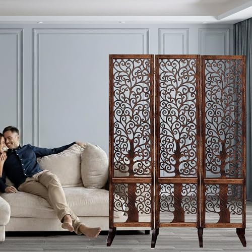 Image of Wooden Room Partition /Screen /Room Divider /Room Separator Traditional Handicrafts 6Ft (Dark Brown) (Tree 3 Panel with Stands)