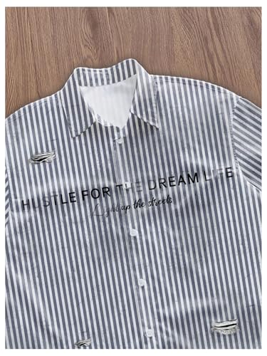 GORGLITTER Men's Ripped Letter Graphic Y2k Button Down Shirt Striped Short Sleeve Street Tops3
