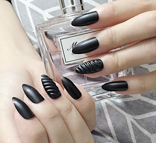 Black Stiletto False Nails Vintage Elegant Party Fake Nails 3D Artificial Nail Art Medium Size Full Cover Acrylic Nails 24PCS