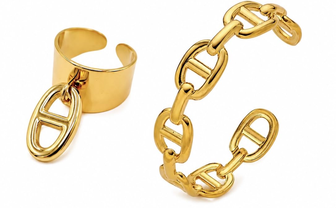 Bracelet jonc et bague maille marine anti-ternissement en acier réglable