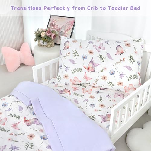 Image of Pea Pod Muslin Toddler Bedding Set 3-Piece - Soft Breathable Crib Bedding with Fitted Sheet, Quilt & Pillowcase for Infant & Kids Bed | Machine Washable Nursery Bed Set (Butterfly)