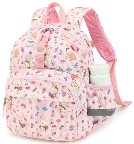 Image of LOIDOU Toddler Backpack for Girls Ages 2-4, 12 Inch Mini Preschool Daycare Bookbag with Insulated Snack Pocket, Corduroy Small Kids Travel Backpack, Pink Bunny