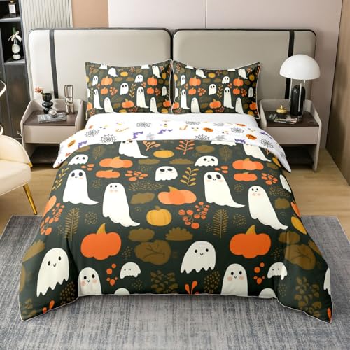 Erosebridal Halloween 100% Cotton Duvet Cover Queen Size, Ghost Pumpkin Farmhouse Soft Comforter Cover, Cute Spooky Printed Kids Teens Cushion Cover for Bed, White Orange Fall Leaves Quilt Cover