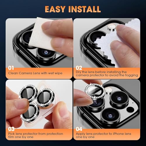 Image of for iPhone 17 Pro / 17 Pro Max Camera Lens Protector Bling, Individual Diamond Metal Ring with 9H Hardness, Scratch-Proof Camera Screen Protector, Stylish Accessories, Case Friendly (Black)