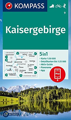 Produktfoto von KOMPASS Wanderkarte 9 Kaisergebirge 1:50.000: 5in1 Wanderkarte mit Panorama, Aktiv Guide und 1:25000 Karten, inklusive…