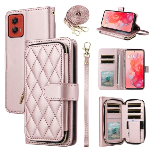 Furiet Argyle Wallet Case for Motorola Moto G Stylus 5G 2024 with Wrist Strap Shoulder Strap 9+ Card Slot Zipper Purse Luxury PU Leather Stand Checkered Cell Phone Cover for G5 Women Girls Rose Gold