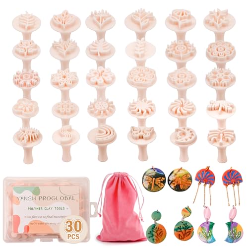 30 Pcs Polymer Clay Stamps and Molds Set with Storage Box Boho Mandala Floral and Leaf Patterns Pottery Stamps for Clay Crafts Cookie Stamps (YANSH PROGLOBAL)