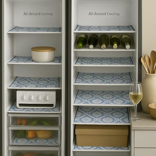 Image of Side-by-Side Door Fridge Shelf Liners Set: Mats for Refrigerator and Freezer Sections -Machine Washable Liners for Glass Shelves, Drawers, Trays Refrigerator Accessories, Pack of 22(Frosted Florals)