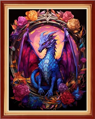 Image of Foxdiviy Cross Stitch Kits - Dragon Flower 16x20 inch - 11CT Embroidery Patterns - Art Crafts DIY Needlepoint Kits for Beginners Adults