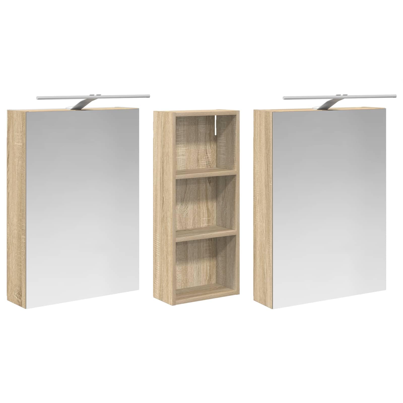 3-częściowy zestaw szafek łazienkowych z materiału drewnopochodnego 130 x 14,5 x 70 cm, montowana na ścianie, z oświetleniem LED i dwukierunkowym lustrem, do łazienki, WC i pralni, miejsce