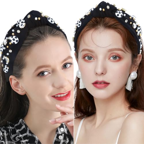 YARIEW Soccer Headband for Women Wide Knotted Jeweled Headband for Women Girls Top Knot Headband for Women Soccer Accessories Game Day Sports Fan Mom Halloween Christmas Gifts (Black)