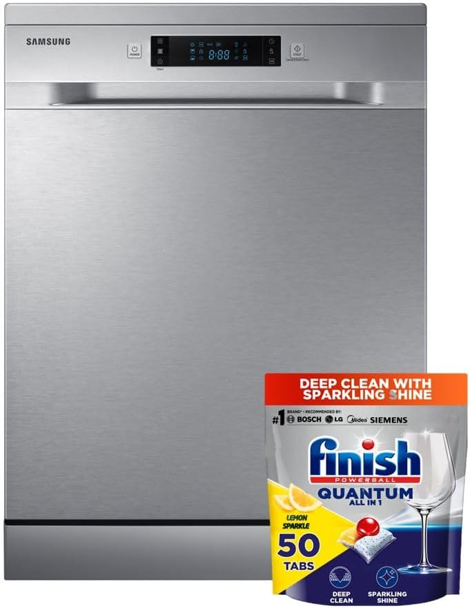 7 programmes 14 place settings Free standing Dishwasher, Silver + Finish Powerball Quantum Dishwasher Detergent, Lemon Sparkle Scent, 50 Tabs
