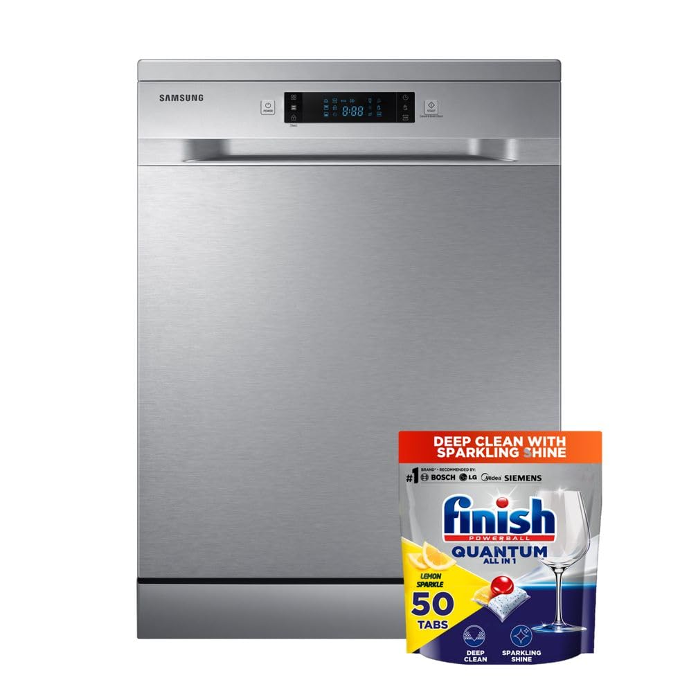 Samsung 7 programmes 14 place settings Free standing Dishwasher, Silver + Finish Powerball Quantum Dishwasher Detergent, Lemon Sparkle Scent, 50 Tabs