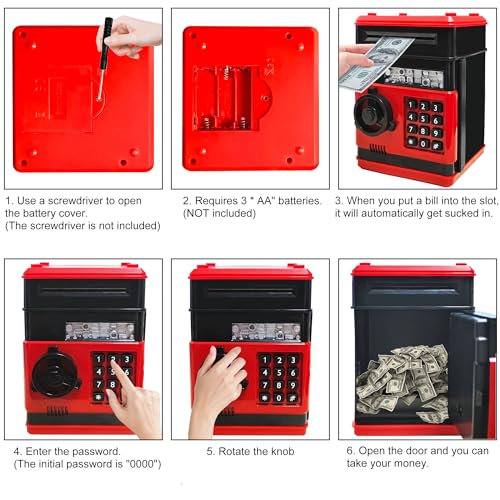 Suliper Electronic Piggy Bank Code Lock for Kids Baby Toy, Mini ATM Safe Coin Cash Banks Real Money Saving Box with Password, Auto Money Scroll for Children,Boys Girls Birthday Gift (Red) - Thumbnail 5