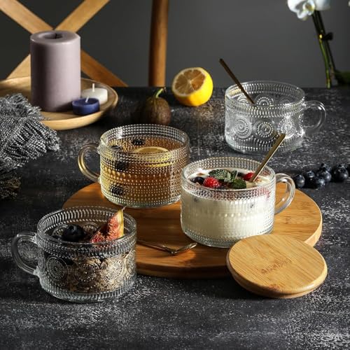 Image of PrimeWorld 2 Pcs 420 Ml Vintage Coffee Mugs,Overnight Oats Containers With Handle,Bamboo Lids And Spoons-Embossed Glass Cups For Cappuccino,Latte,Cereal,Yogurt,Hot Or Cold Beverages,Transparent