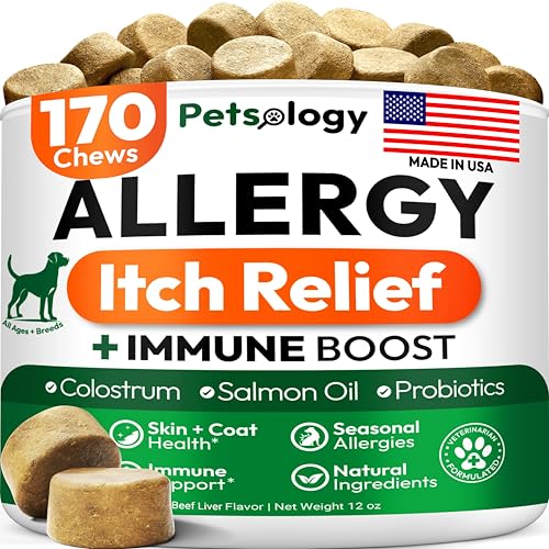 Dog Allergy Relief Chews - 170 Dog Allergy Chews - Itch Relief for Dogs - Omega 3 Fish Oil, Probiotics For Itchy Skin & Hot Spots Allergies, Paw Licking, Dry Skin & Coat Supplement - Beef Liver Flavor