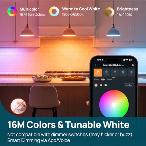 Image of Linkind WiFi Smart Light Bulbs, Alexa & Google Home Compatible, RGBTW 16M Color Changing, Dimmable Mood Lighting, A19 E26 WiFi Bulb 60W 800LM 8 Pack