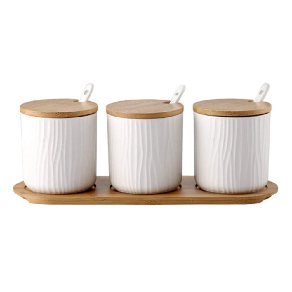 3er Set Weiß Keramik Gewürzdosen Zuckerdose Keramik Zucker Schüssel mit Löffel und Bambus Deckel für Tee Zucker Salz Gewürze Bei Zuhause und Küche