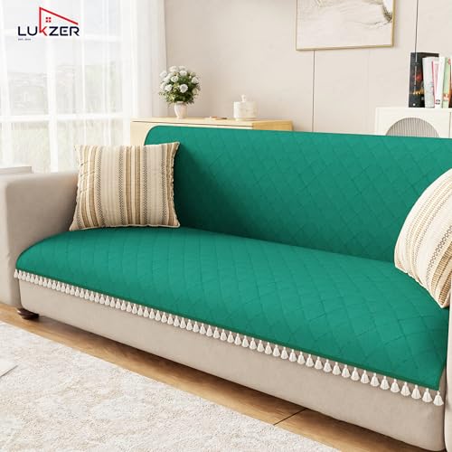 Image of Lukzer Quilted Sofa Cover Mat with Tassels for 2 Seater Sofa - Forest Green | Soft Washable Anti-Slip Protector for Living Room | Furniture Cover for Back-Seat Slipcover 120X150CM / SC-200-2T