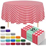 JHDZDHY 10 Pack Premium Disposable Plastic Tablecloth 84" Round Table Cover for Birthdays Weddings Christmas Anniversary Buffet Table (Red Checkered)