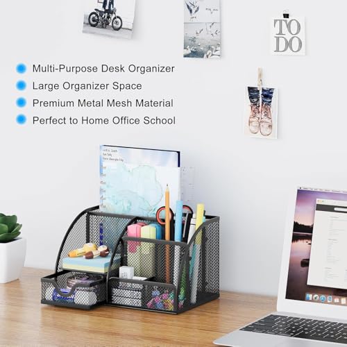Image of 7 Compartment Metal Desk Organizer with Drawer for Office Table, Study Desk & Makeup Storage | Multi-Purpose Stationery Holder (Black)