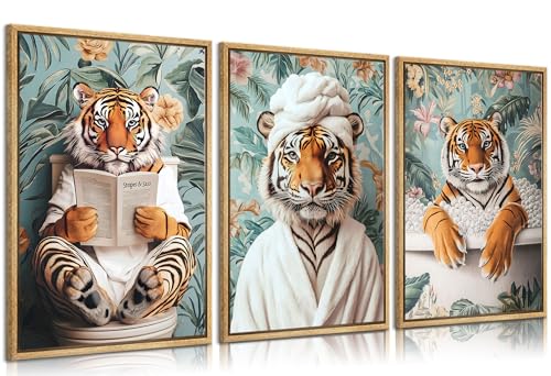 3pcs Funny Bathroom Tiger Canvas Wall Art Boho Tropical Botanical Tiger Reading Newspaper On Toilet Posters Prints Animal In Bathtub Wall Decor Pictures for Bathroom Decoration Unframed