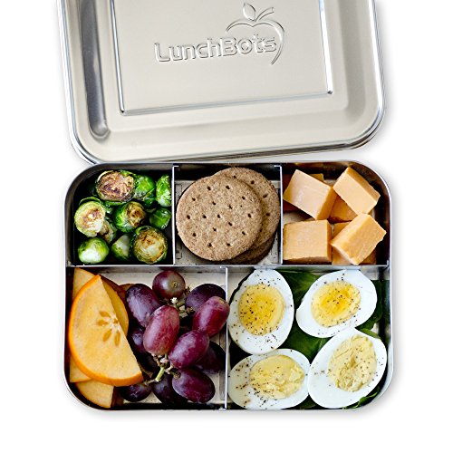 Lunchbots Large Cinco Stainless Steel Lunch Container - Five Section Design Holds A Variety Of Foods - Metal Bento Box For Kids Or Adults - Dishwasher Safe - Stainless Lid - All Stainless #TOP3
