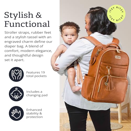 Itzy Ritzy Diaper Bag Backpack – Large Capacity Boss Plus Baby Backpack Diaper Bag Featuring 19 Pockets, Changing Pad, Stroller Clips, and Comfortable Straps (Cognac) by Itzy Ritzy - Image 2