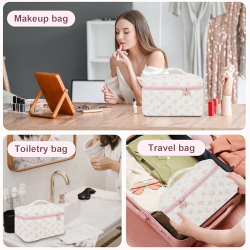 GISMTR Makeup Bag, Quilted Bow Cosmetic Bag, Large Travel Aesthetic Make up Bag, Cute Coquette Toiletry Pouch for Women Girls — view 3