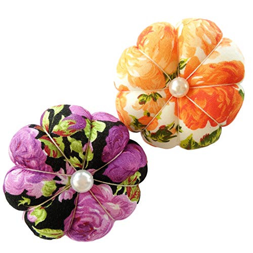 CUSHYSTORE 2X Orange Purple Wrist Arm Flower Floral Garden Pin Needle Cushion Pincushion Wearable Pumpkin Sewing Holder Safety with Adjustable Elastic Band for Girl Women Gift