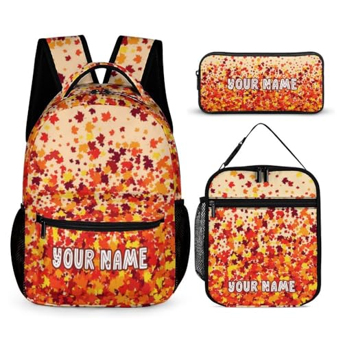 Custom Fall Backpack with Lunch Bag & Pencil Case, 16 Inch Cute Autumn Themed Bookbag, Adjustable Lightweight Large Capacity, Fall Backpacks Set for Kids Girls Boys