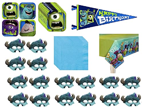 Unique Industries Inc Monsters Inc Monsters University Birthday Party Supplies Decoration Bundle for 16 includes Plates, Napkins, Table Cover, Happy Birthday Banner, Paper Masks