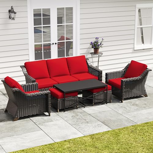 Image of 6 Pieces Outdoor Conversation Furniture Set - 77 inch Patio Sofa, 2 Armchairs, 2 Ottomans, 1 Metal Table, Patio Wicker Couch Set with Washable Cushions for Swimming Pool (Red) | Patio Chair Set with Olefin Removable Cushion, All-Weather Outdoor Couch with Deep Seat for Porch, Deck and Backyard, Red