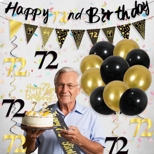 Image of 72nd Birthday Decorations for Men, Black Gold 72nd Party Decoration Kits
