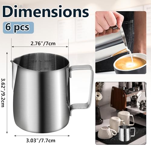 Litoexpe 6 Pcs Milk Frothing Pitcher, Stainless Steel Espresso Pitcher Heat Resistant Frother, 12 Oz Barista Tools for Espresso Latte Art Lovers