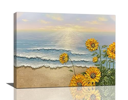 Sunflower Beach Decor Wall Art Coastal Ocean Waves Pictures Sunset Seascape Canvas Painting Nature Home Modern Artwork Decorations Framed for Bathroom Living Room Bedroom Office 16 x 12 inch