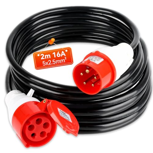 Warmfay CEE Verlängerungskabel 2m, 400V 16A Starkstromkabel Gummi, 5x2,5mm² Starkstromkabel CEE Verlängerung IP44 Außenbereich Baustelle Werkstatt Industrie
