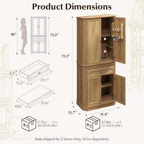 Image of 72.2 inch Tall Kitchen Pantry Cabinet with Doors, Farmhouse Storage Cabinet with Charging Station & LED Light, Drawer, Adjustable Shelves and Pull-Out Shelves, Oak Wood Pantry Cupboard for Dining Room