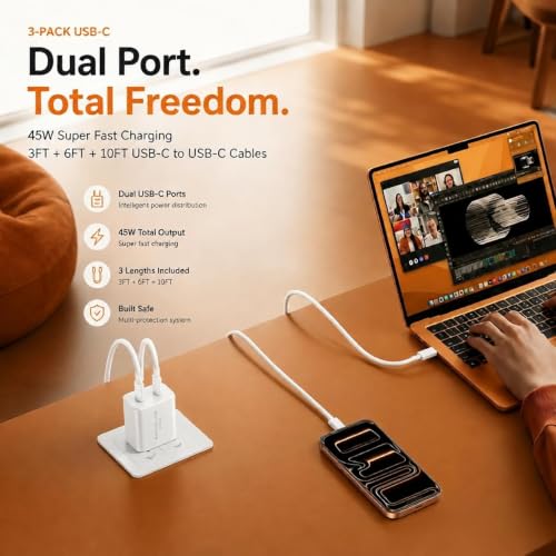 Image of 45W 3Pack White Super Fast Charger USB C Dual Port Charger Type C Fast Charging Block with 60W [3FT+6FT+10FT] USB C to USB C Charger Cord for Galaxy S26 /S25 /S24,for iphone 17 /16 /15,for iPad and More