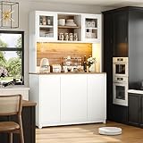Xwiny Modern Küchenschränke mit LED-Beleuchtung und Sideboards, Buffetschrank mit Acryltüren und Staufächer, Hochschrank mit Offene Ablagen, Weiß-A, 120x40x180 cm