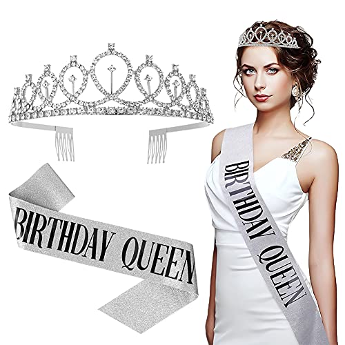 Cristal Cumpleaños Corona,OYSJ Tiara de Cumpleaños, Cinturón de Cumpleaños y Conjunto de Tiara de Corona, Ideal para Fiestas de Feliz cumpleaños Favores Decoraciones Cover