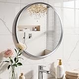YYXW Brushed Nickel Round Bathroom Mirror for Wall, 24 inch Sliver Circle Mirror for Wall, New Frame Design, Tempered Glass,Wall Mounted Circle Mirror for Vanity, Entryway, Bedroom