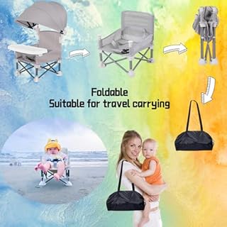 Little Bean Seggiolino pieghevole per bambini, con parasole staccabile, portatile, con vassoio rimovibile, per interni ed esterni, sedia da campeggio per bambini (beige)