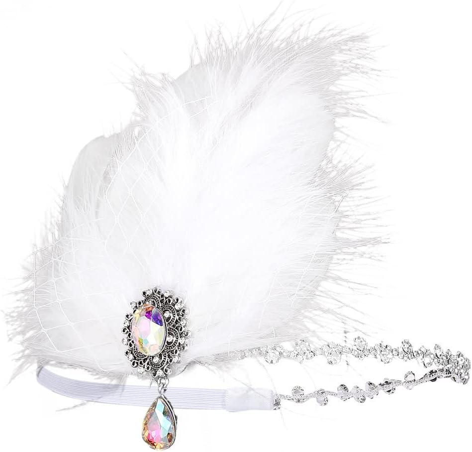1920s Flapper Headpiece White Feather Headband Rhinestone Prom Party Head Accessories for Women - Image 2