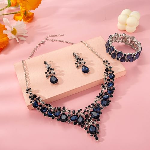 Elegant Bridal Wedding Jewelry Set for Women/Brides/Bridesmaids Teardrop Crystal Leaf Cluster Jewelry Set for Wedding Prom Party Bridal Bridesmaids Rhinestone Crystal Necklace Earrings Bracelet Set4