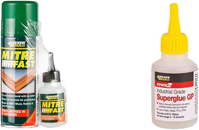 Everbuild Mitre Fast Two Part Instant Bonding Kit, 50 g Adhesive, 200 ml Activator & Stick 2 Industrial Grade General Purpose Superglue, Clear, 50 grams