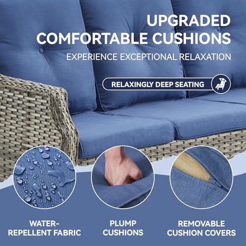 Bellefurn Patio Sofa Couch Outdoor Wicker Sofa PE Rattan 3-Seat Couch with Curved Armest Water Resistant Cushions for Garden Balcony Sunroom Poolside, Grey Wicker|Blue Cushions, Sofa(1PC)